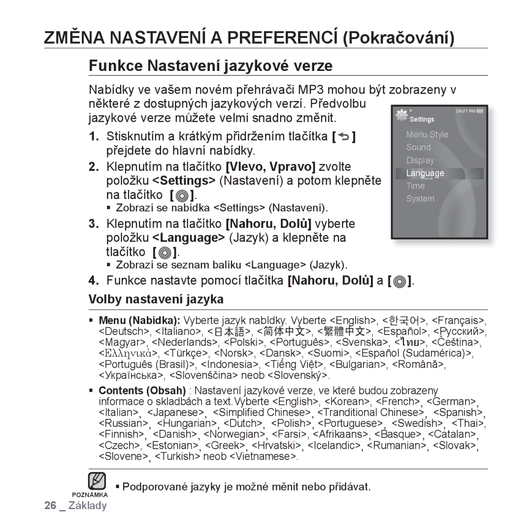 Samsung YP-S3JAG/EDC, YP-S3JAR/EDC, YP-S3JAL/EDC, YP-S3JAW/EDC manual Funkce Nastavení jazykové verze, Volby nastavení jazyka 