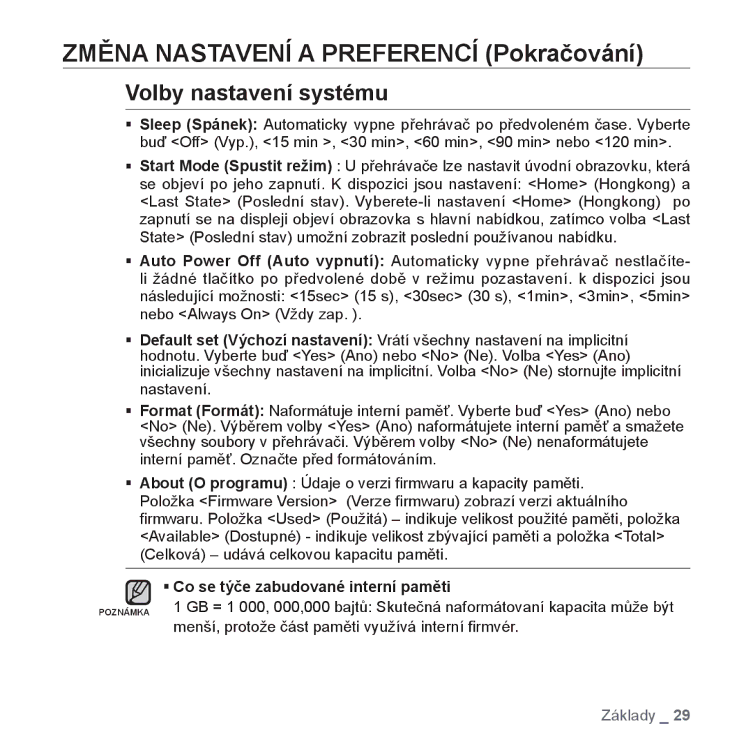 Samsung YP-S3JAB/EDC, YP-S3JAR/EDC, YP-S3JAL/EDC manual Volby nastavení systému, ƒ Co se týče zabudované interní paměti 