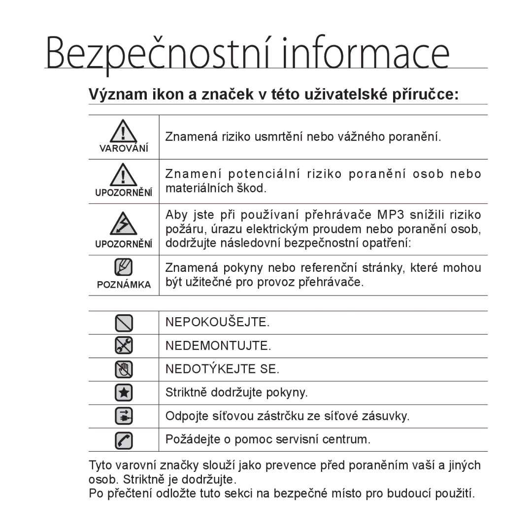 Samsung YP-S3JAW/EDC, YP-S3JAR/EDC, YP-S3JAL/EDC, YP-S3JAG/EDC, YP-S3JQB/EDC Význam ikon a značek v této uživatelské příručce 