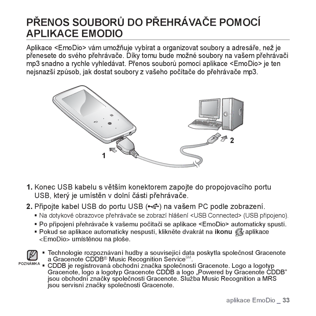 Samsung YP-S3JAW/EDC, YP-S3JAR/EDC, YP-S3JAL/EDC, YP-S3JAG/EDC manual Přenos Souborů do Přehrávače Pomocí Aplikace Emodio 