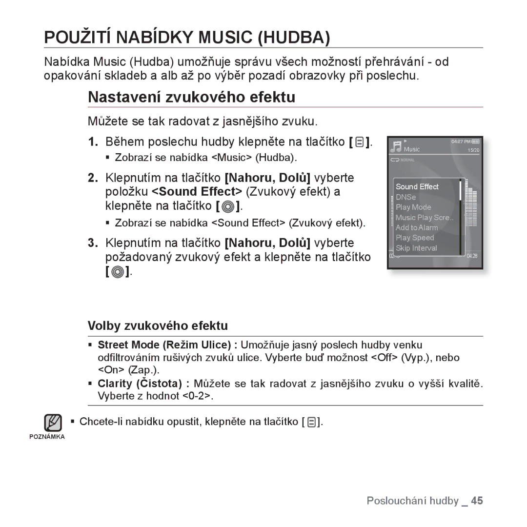 Samsung YP-S3JAW/EDC, YP-S3JAR/EDC manual Použití Nabídky Music Hudba, Nastavení zvukového efektu, Volby zvukového efektu 