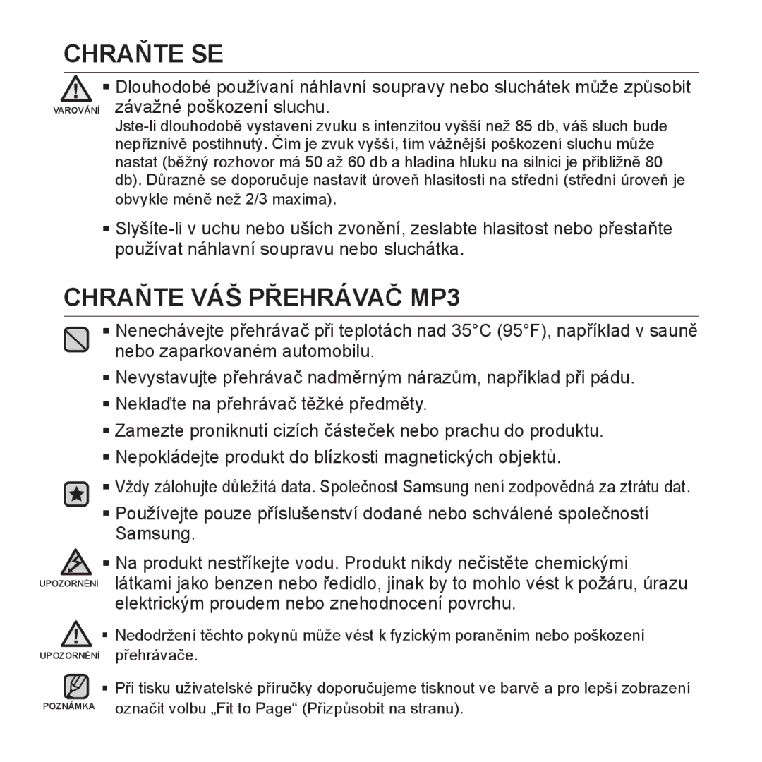 Samsung YP-S3JAB/EDC, YP-S3JAR/EDC, YP-S3JAL/EDC, YP-S3JAG/EDC, YP-S3JAW/EDC, YP-S3JQB/EDC manual Chraňte VÁŠ Přehrávač MP3 