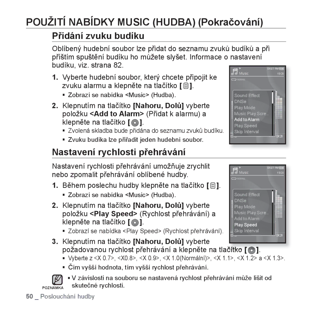 Samsung YP-S3JAG/EDC, YP-S3JAR/EDC, YP-S3JAL/EDC, YP-S3JAW/EDC manual Přidání zvuku budíku, Nastavení rychlosti přehrávání 