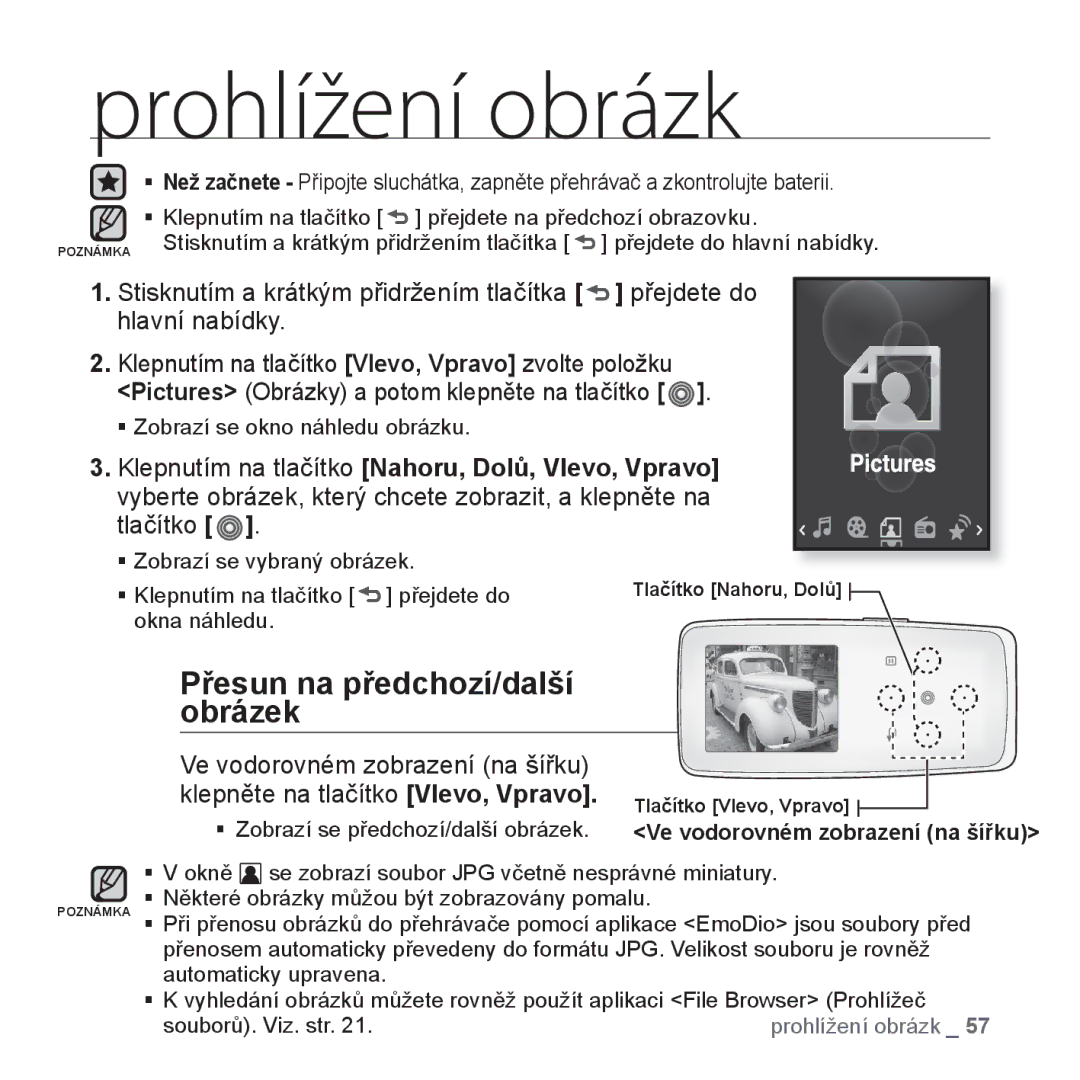 Samsung YP-S3JAW/EDC, YP-S3JAR/EDC, YP-S3JAL/EDC, YP-S3JAG/EDC manual Prohlížení obrázk, Přesun na předchozí/další Obrázek 