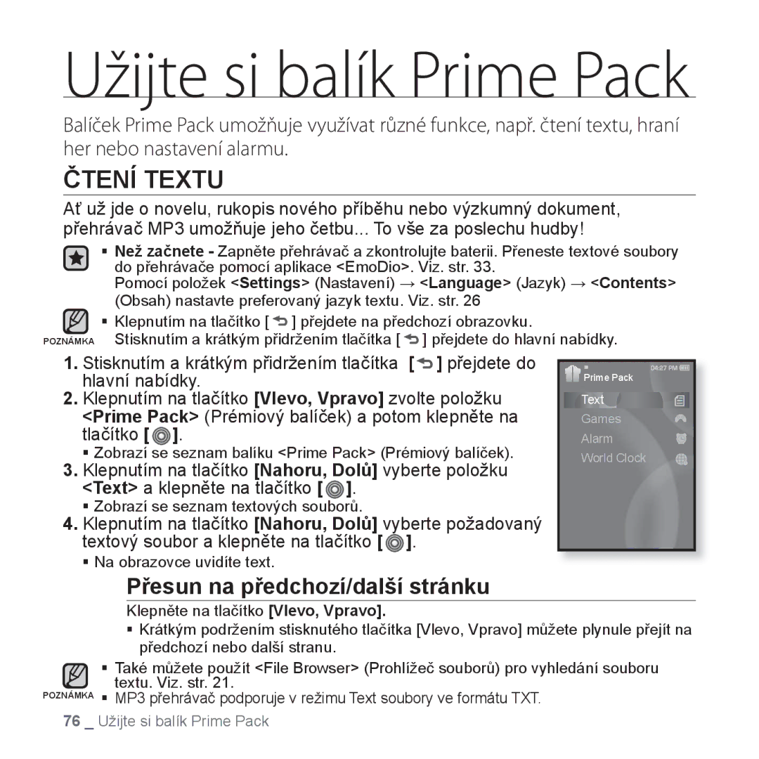 Samsung YP-S3JQB/EDC, YP-S3JAR/EDC, YP-S3JAL/EDC, YP-S3JAG/EDC, YP-S3JAW/EDC Čtení Textu, Přesun na předchozí/další stránku 