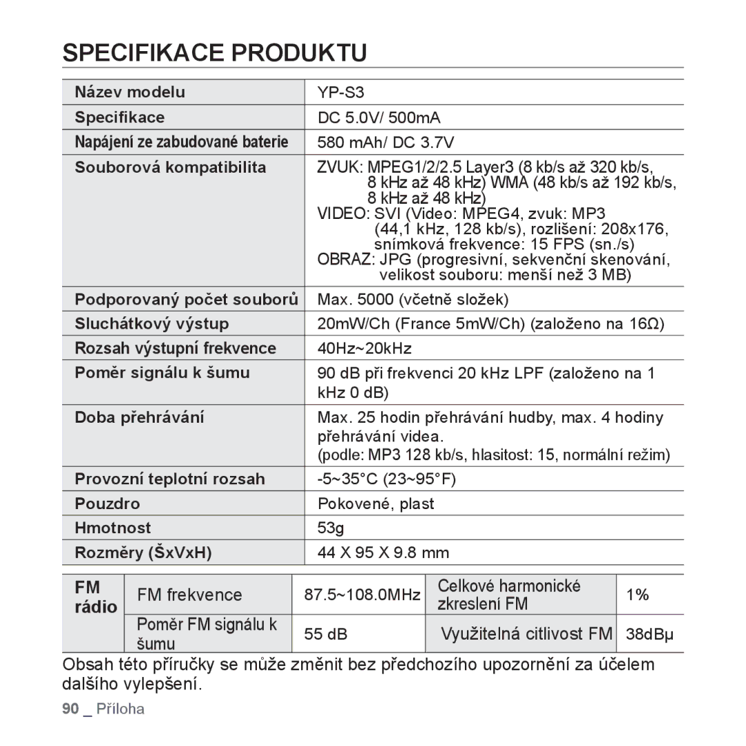 Samsung YP-S3JAR/EDC, YP-S3JAL/EDC, YP-S3JAG/EDC, YP-S3JAW/EDC, YP-S3JQB/EDC, YP-S3JAB/EDC manual Specifikace Produktu, Rádio 