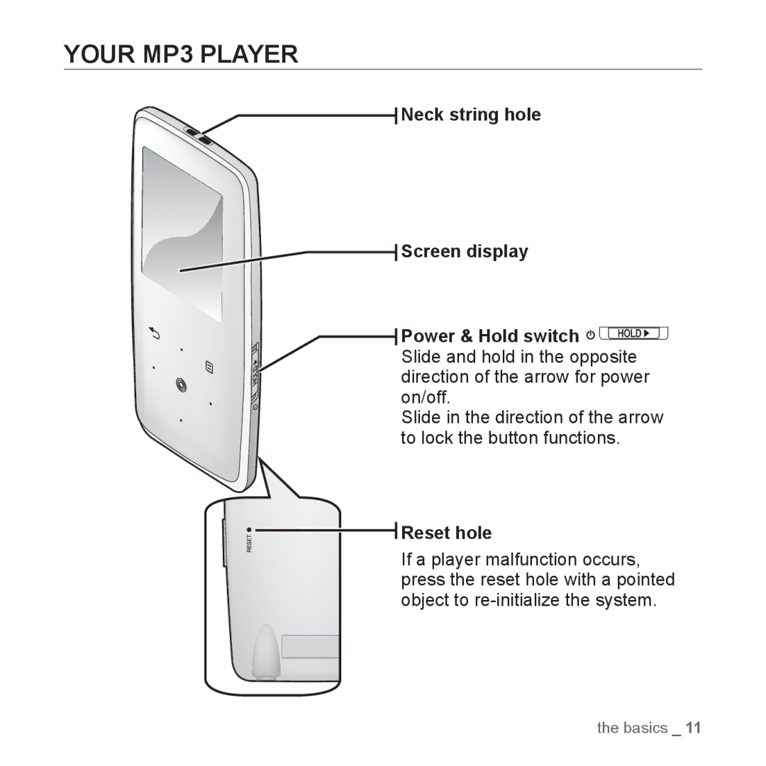 Samsung YP-S3JCW/EDC, YP-S3JCG/XEF manual Your MP3 Player, Neck string hole Screen display Power & Hold switch, Reset hole 