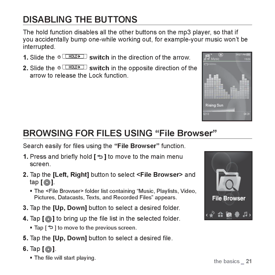 Samsung YP-S3JQR/EDC, YP-S3JCG/XEF, YP-S3JAL/XEF, YP-S3JAB/XEF Disabling the Buttons, Browsing for Files Using File Browser 