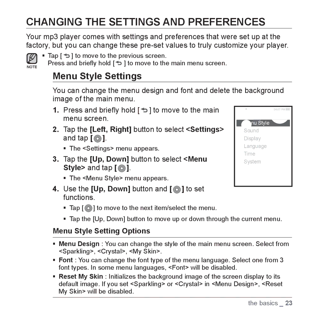 Samsung YP-S3JAB/XAA, YP-S3JCG/XEF Changing the Settings and Preferences, Menu Style Settings, Menu Style Setting Options 