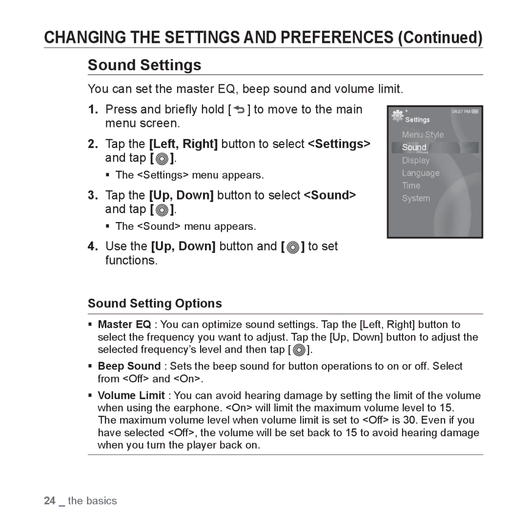 Samsung YP-S3JQW/XEE, YP-S3JCG/XEF Sound Settings, Tap the Up, Down button to select Sound and tap, Sound Setting Options 