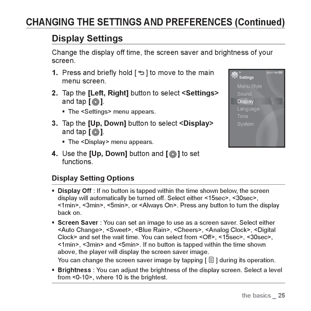 Samsung YP-S3JAR/XEE manual Display Settings, Tap the Up, Down button to select Display and tap, Display Setting Options 