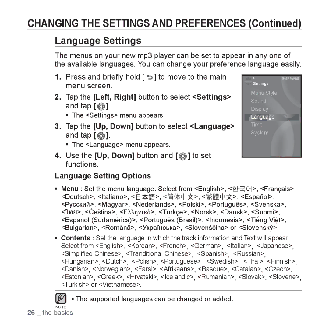 Samsung YP-S3JAB/XEE manual Language Settings, Tap the Up, Down button to select Language and tap, Language Setting Options 