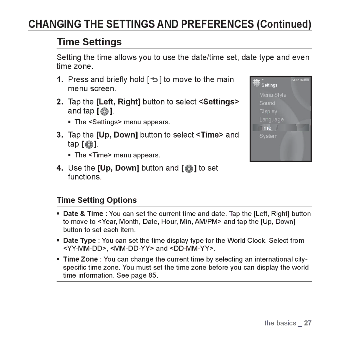 Samsung YP-S3JAW/XEE, YP-S3JCG/XEF Time Settings, Tap the Up, Down button to select Time and tap, Time Setting Options 