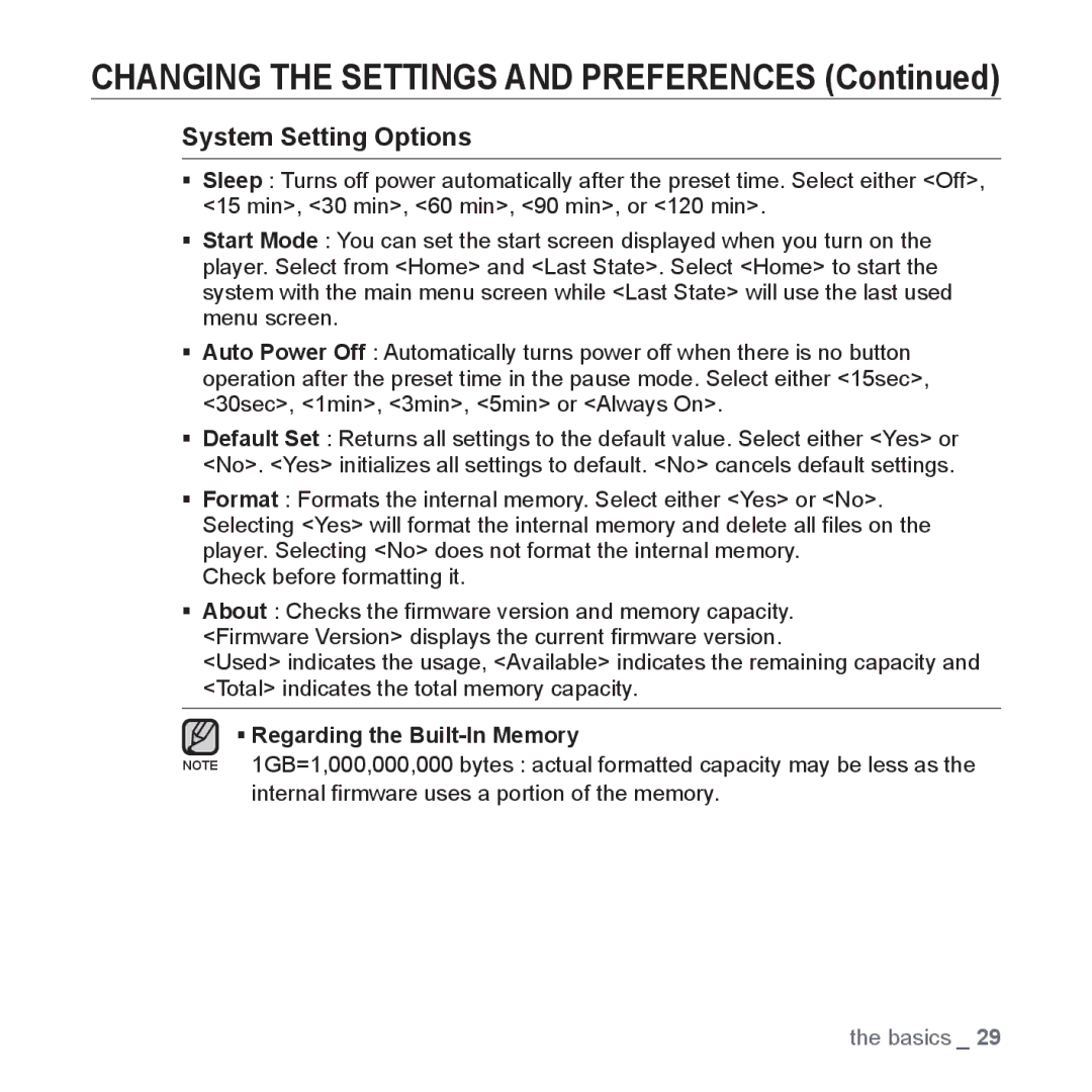 Samsung YP-S3JQG/XEE, YP-S3JCG/XEF, YP-S3JAL/XEF, YP-S3JAB/XEF, YP-S3JCB/XEF, YP-S3JAG/XEF, YP-S3JCW/XEF System Setting Options 