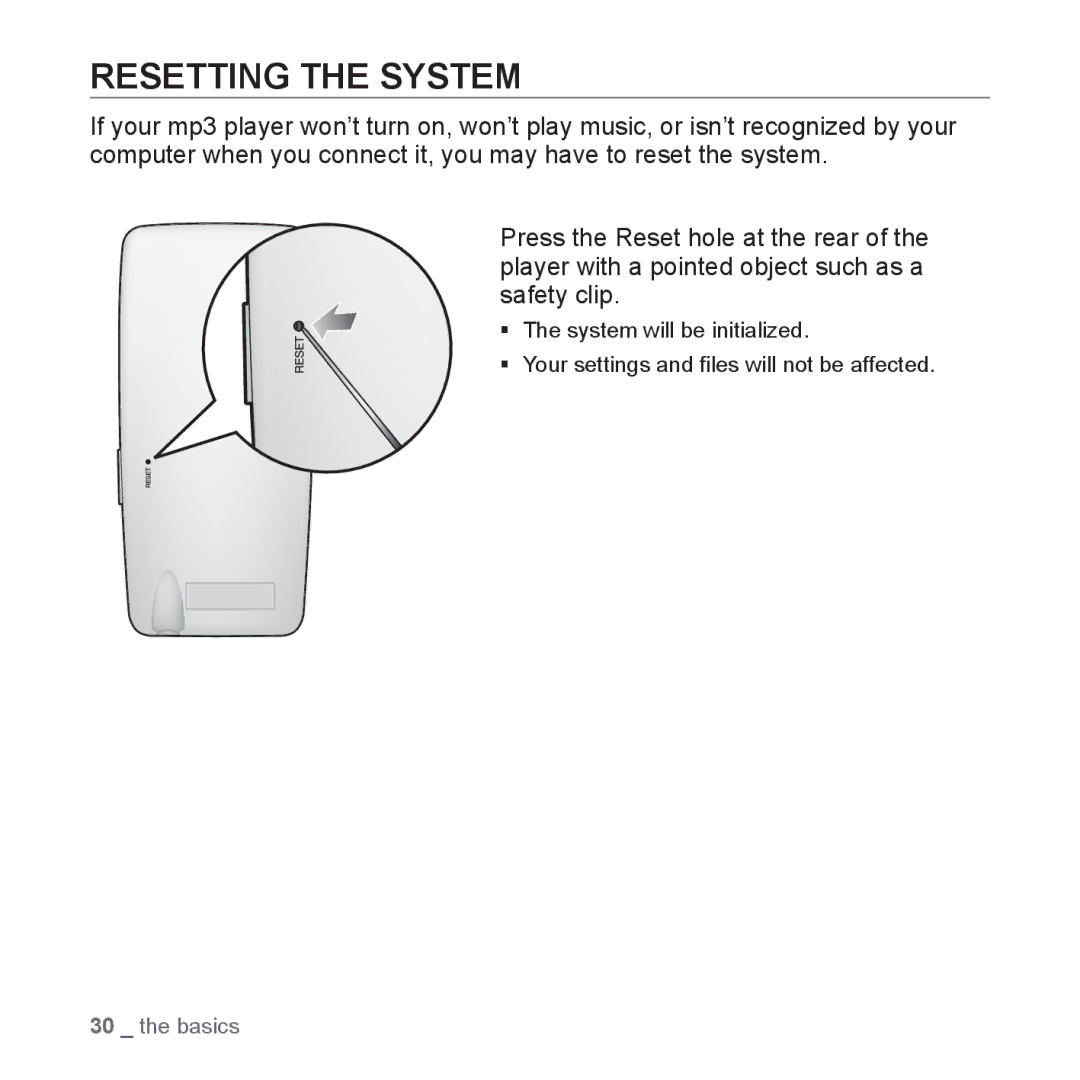 Samsung YP-S3JQL/XEE, YP-S3JCG/XEF, YP-S3JAL/XEF, YP-S3JAB/XEF, YP-S3JCB/XEF, YP-S3JAG/XEF, YP-S3JCW/XEF Resetting the System 