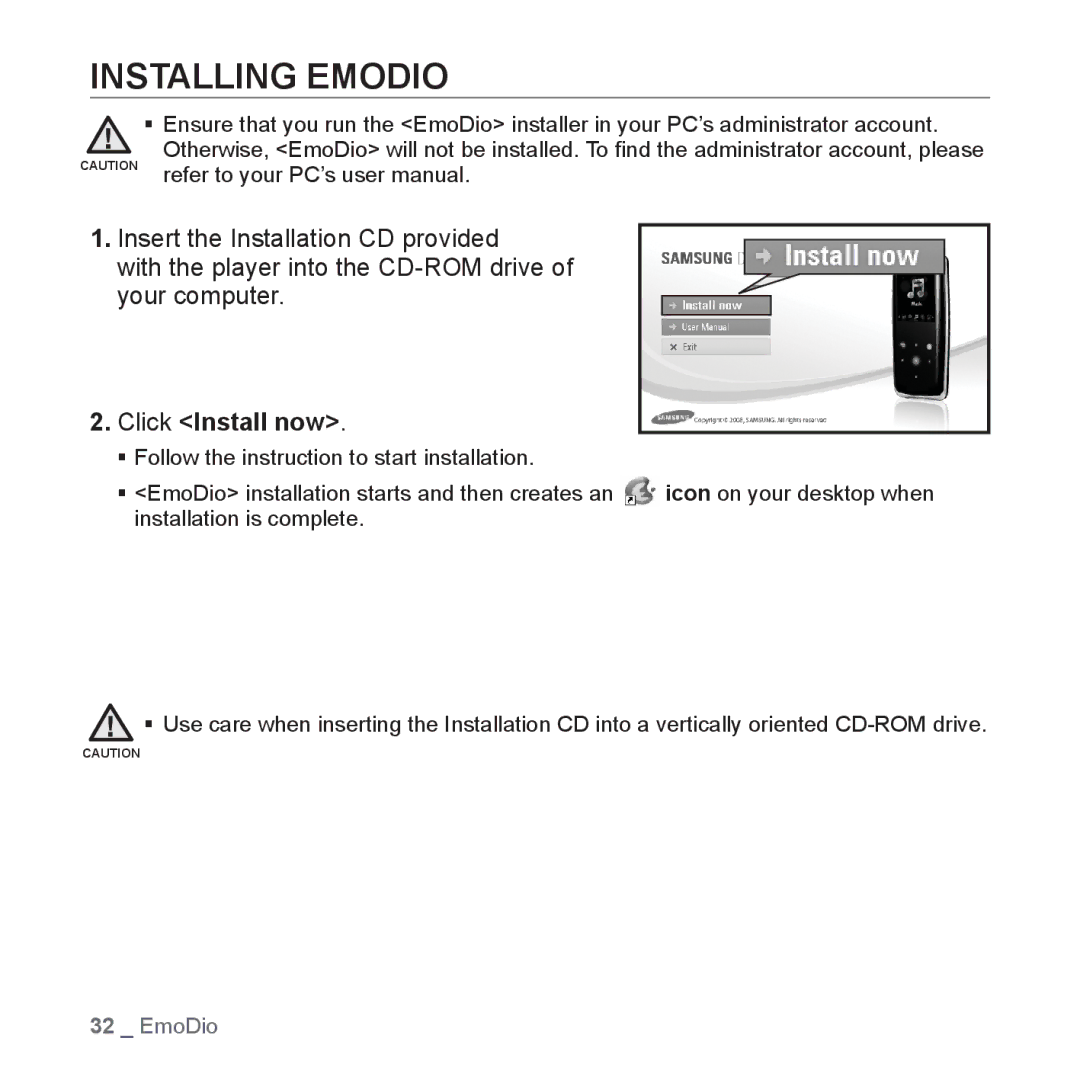 Samsung YP-S3JCG/XEF, YP-S3JAL/XEF, YP-S3JAB/XEF, YP-S3JCB/XEF, YP-S3JAG/XEF manual Installing Emodio, Click Install now 