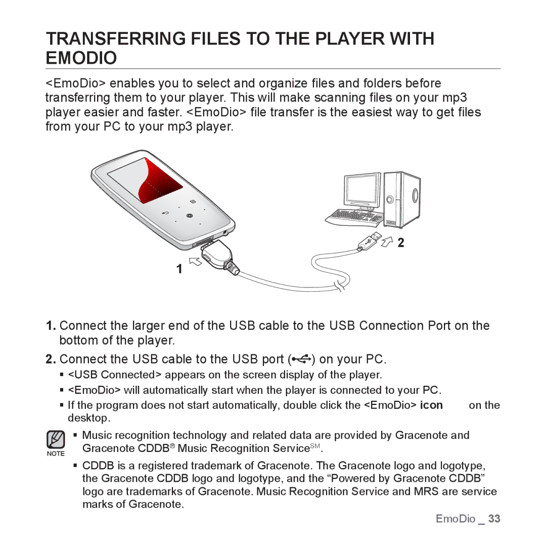 Samsung YP-S3JAL/XEF, YP-S3JCG/XEF, YP-S3JAB/XEF, YP-S3JCB/XEF, YP-S3JAG/XEF Transferring Files to the Player with Emodio 