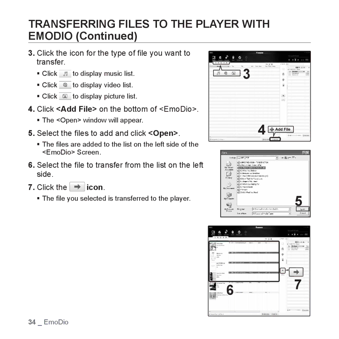 Samsung YP-S3JAB/XEF Transferring Files to the Player with Emodio, Click the icon for the type of ﬁle you want to Transfer 