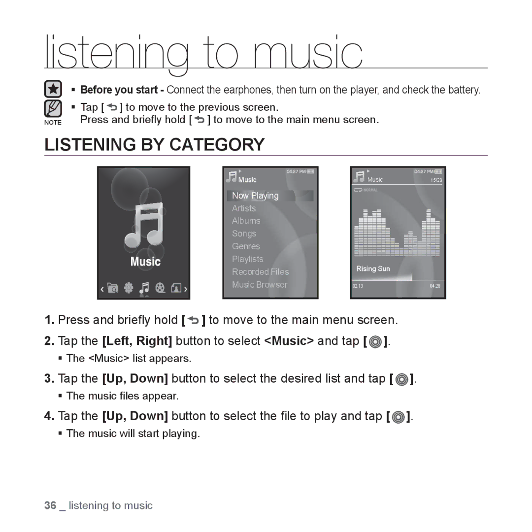 Samsung YP-S3JAG/XEF Listening to music, Listening by Category, Tap the Up, Down button to select the desired list and tap 