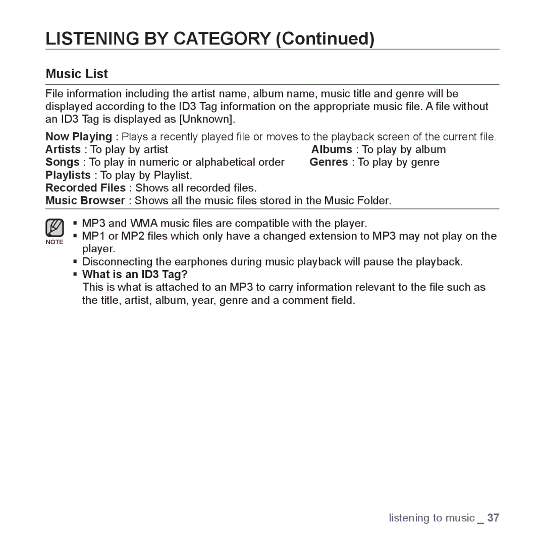 Samsung YP-S3JCW/XEF, YP-S3JCG/XEF, YP-S3JAL/XEF, YP-S3JAB/XEF, YP-S3JCB/XEF, YP-S3JAG/XEF Listening by Category, Music List 