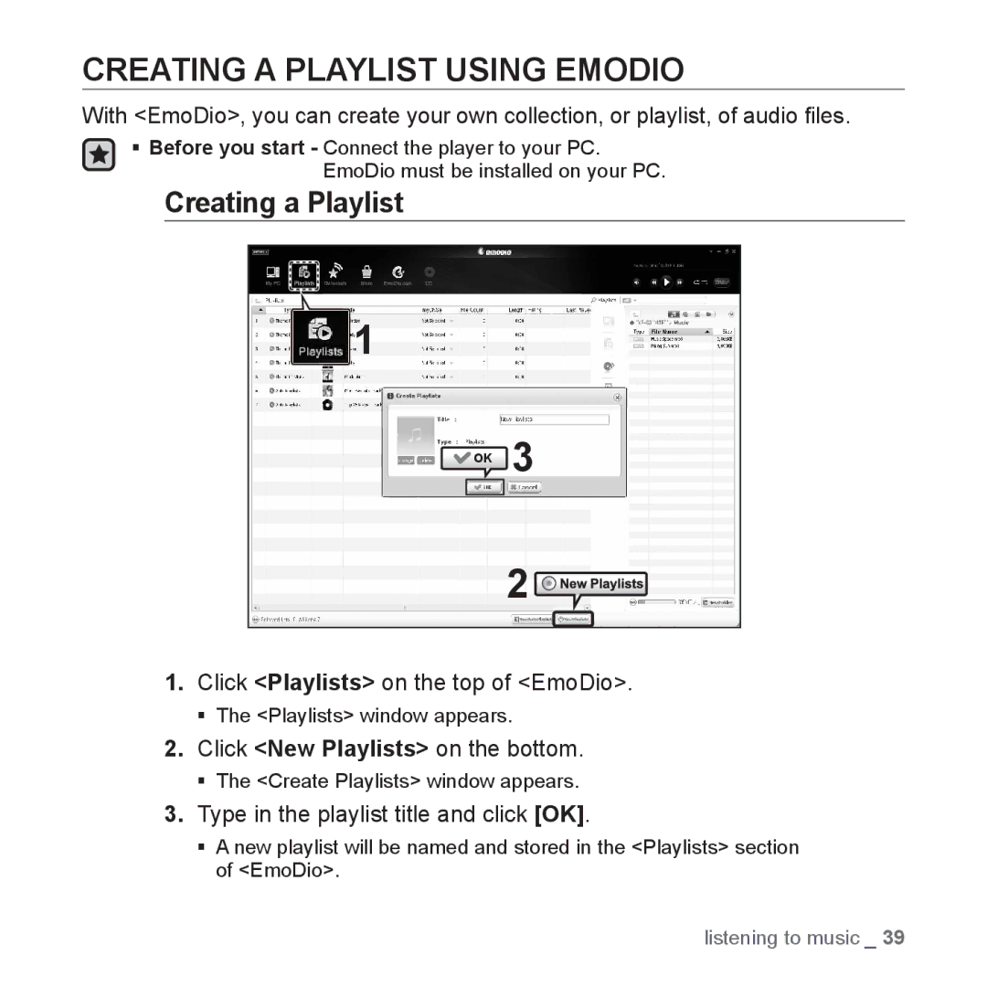 Samsung YP-S3JCR/XEF, YP-S3JCG/XEF, YP-S3JAL/XEF Creating a Playlist Using Emodio, Click Playlists on the top of EmoDio 