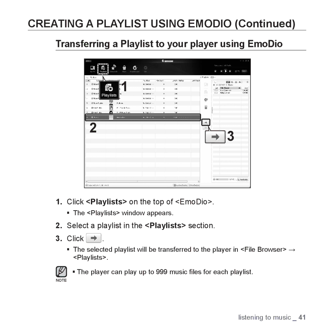 Samsung YP-S3JAW/XEF Transferring a Playlist to your player using EmoDio, Select a playlist in the Playlists section Click 