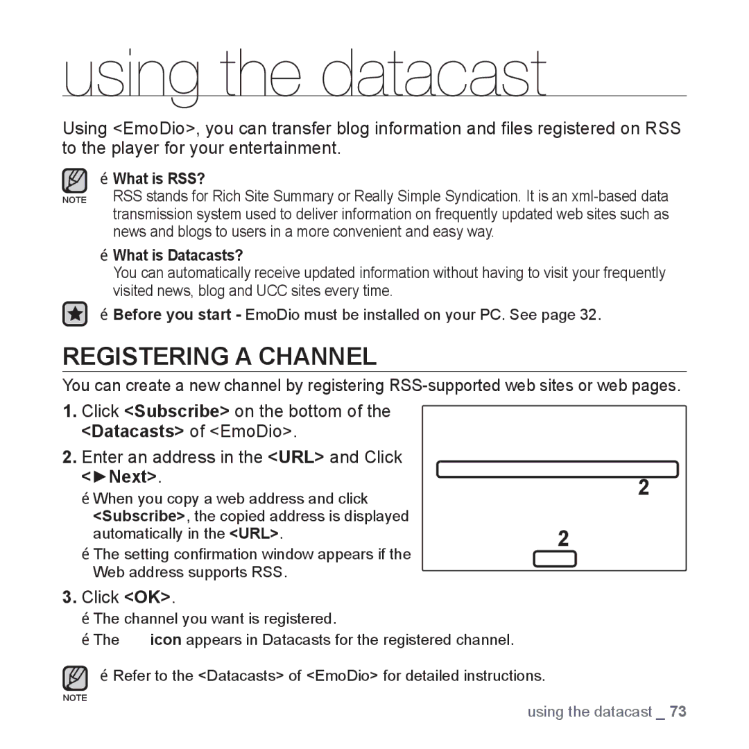 Samsung YP-S3JAW/XEF, YP-S3JCG/XEF, YP-S3JAL/XEF, YP-S3JAB/XEF Using the datacast, Registering a Channel, Next, Click OK 