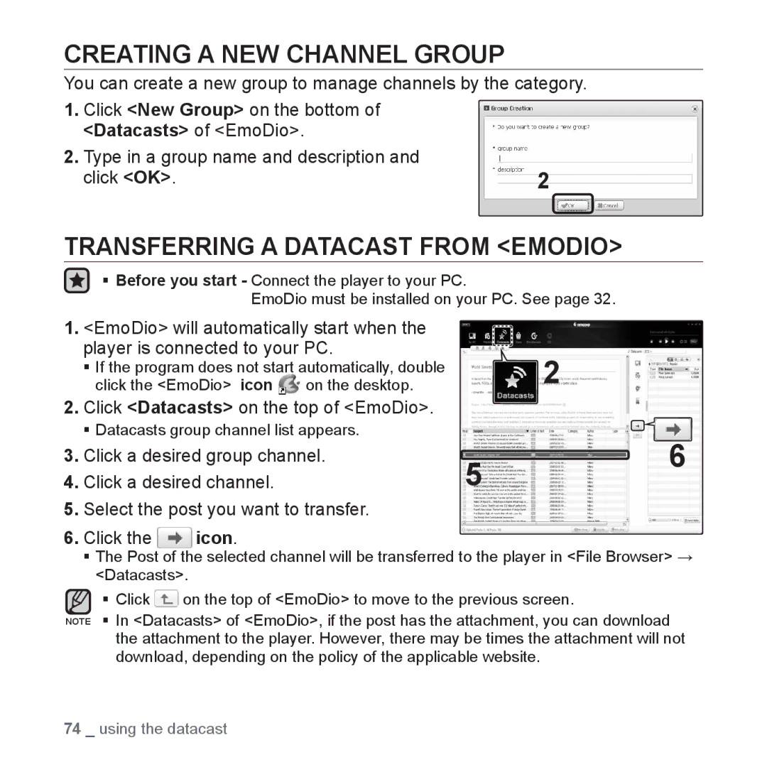 Samsung YP-S3JQL/EDC, YP-S3JCG/XEF manual Creating a NEW Channel Group, Transferring a Datacast from Emodio, Click Icon 