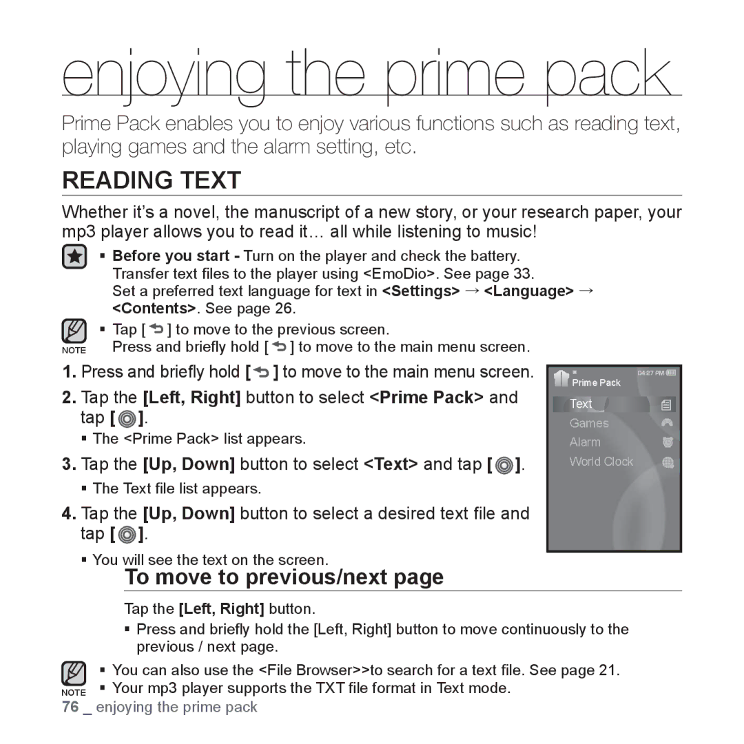 Samsung YP-S3JAR/EDC, YP-S3JCG/XEF, YP-S3JAL/XEF manual Enjoying the prime pack, Reading Text, To move to previous/next 