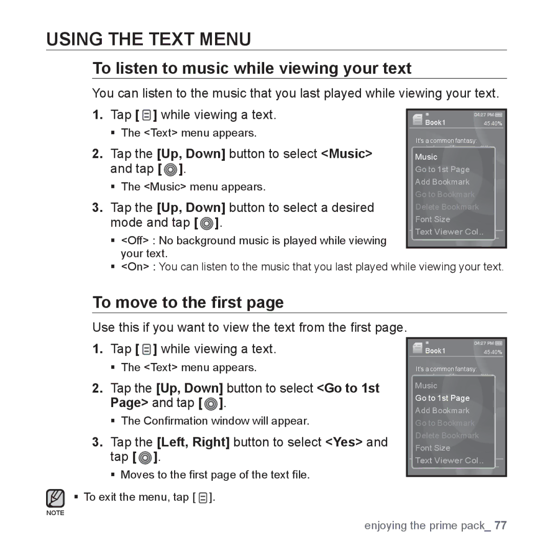 Samsung YP-S3JAL/EDC, YP-S3JCG/XEF Using the Text Menu, To listen to music while viewing your text, To move to the ﬁrst 