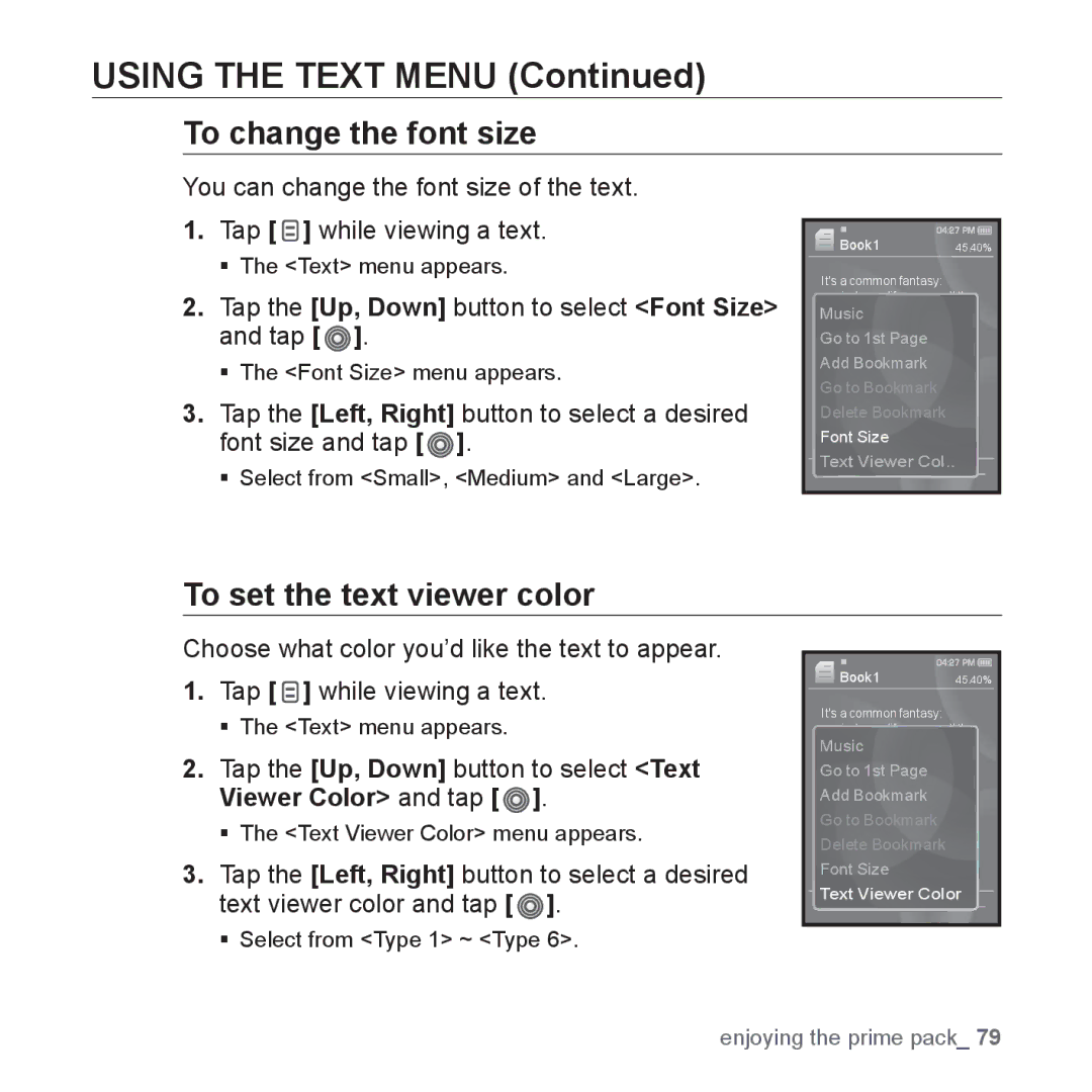 Samsung YP-S3JAW/EDC, YP-S3JCG/XEF, YP-S3JAL/XEF, YP-S3JAB/XEF manual To change the font size, To set the text viewer color 