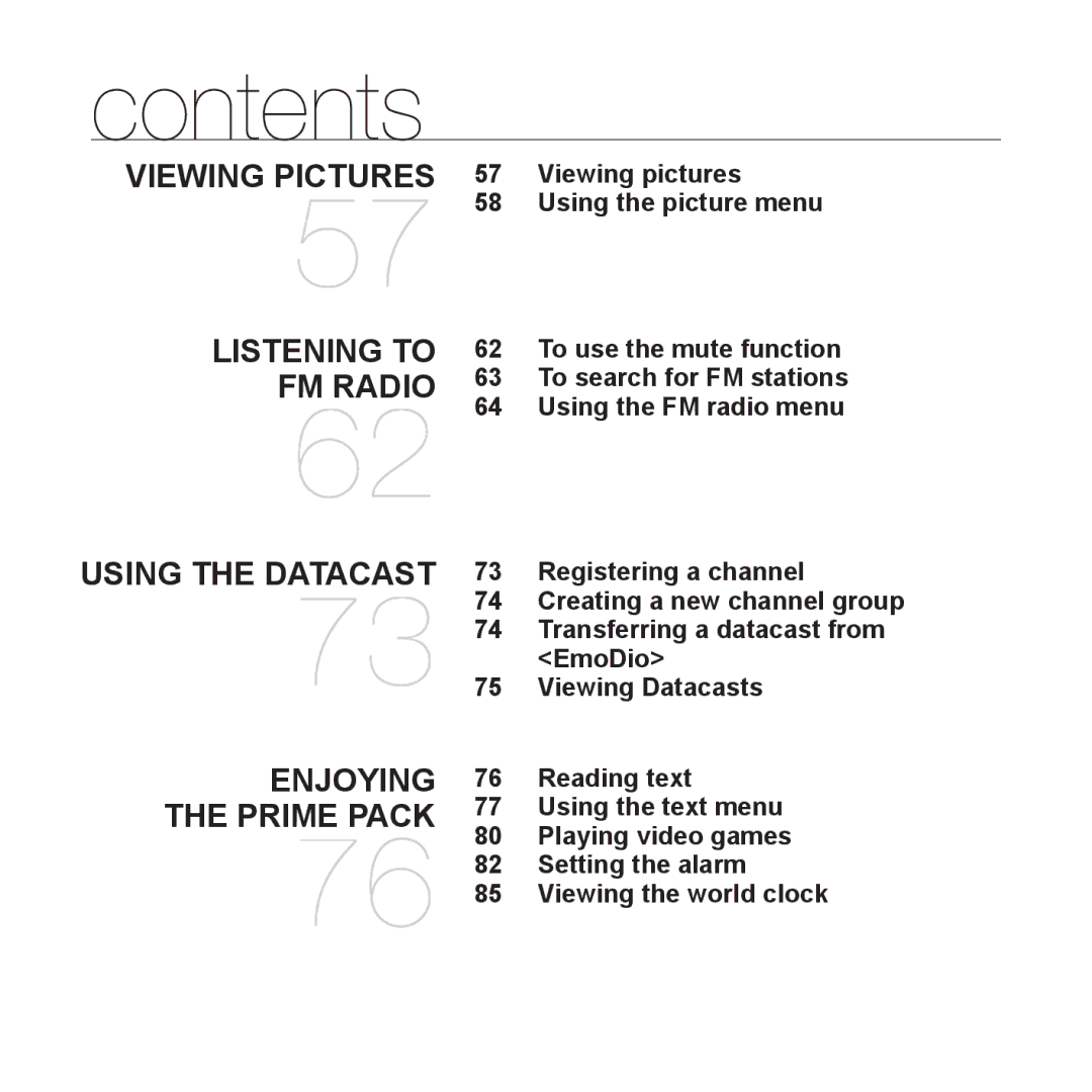 Samsung YP-S3JCL/XEF manual Viewing pictures Using the picture menu, Registering a channel, EmoDio, Viewing Datacasts 