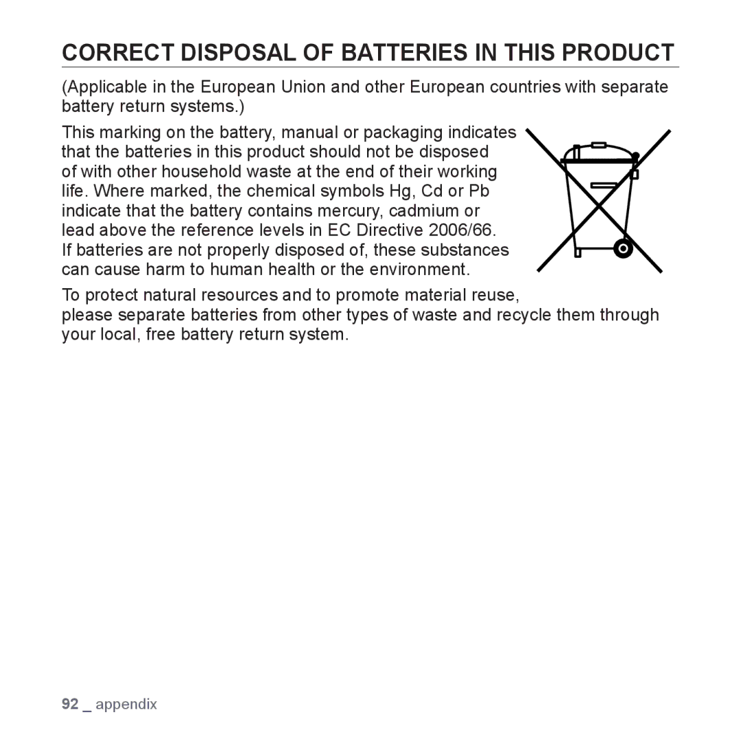 Samsung YP-S3JQB/XEE, YP-S3JCG/XEF, YP-S3JAL/XEF, YP-S3JAB/XEF, YP-S3JCB/XEF Correct Disposal of Batteries in this Product 