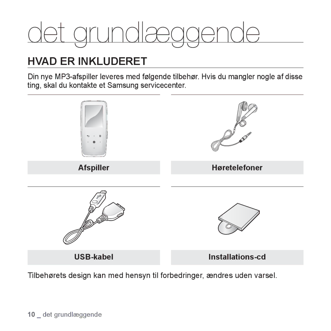 Samsung YP-S3JQB/EDC manual Det grundlæggende, Hvad ER Inkluderet, Afspiller Høretelefoner USB-kabelInstallations-cd 