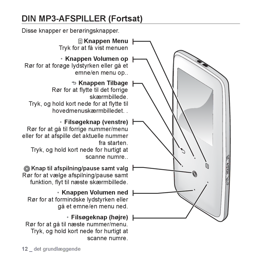 Samsung YP-S3JQW/XEE DIN MP3-AFSPILLER Fortsat, Knappen Menu, Knappen Volumen ned Rør for at formindske lydstyrken eller 