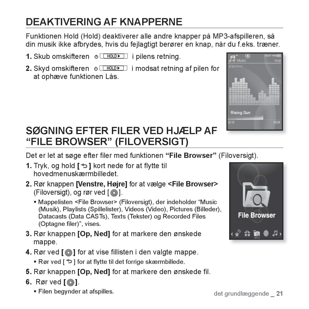 Samsung YP-S3JAB/EDC, YP-S3JQB/EDC Deaktivering AF Knapperne, Søgning Efter Filer VED Hjælp AF File Browser Filoversigt 