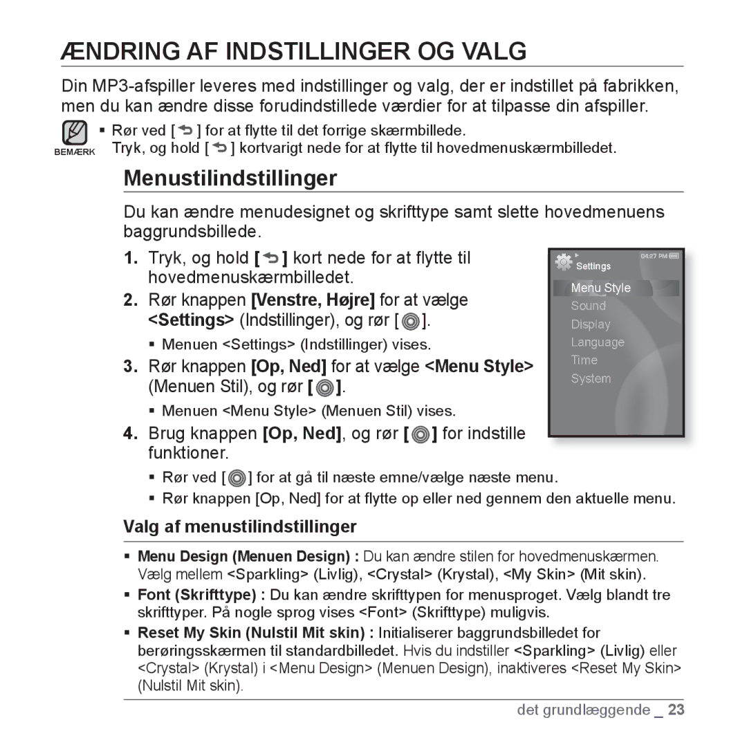 Samsung YP-S3JAR/XEE, YP-S3JQB/EDC Ændring AF Indstillinger OG Valg, Menustilindstillinger, Valg af menustilindstillinger 