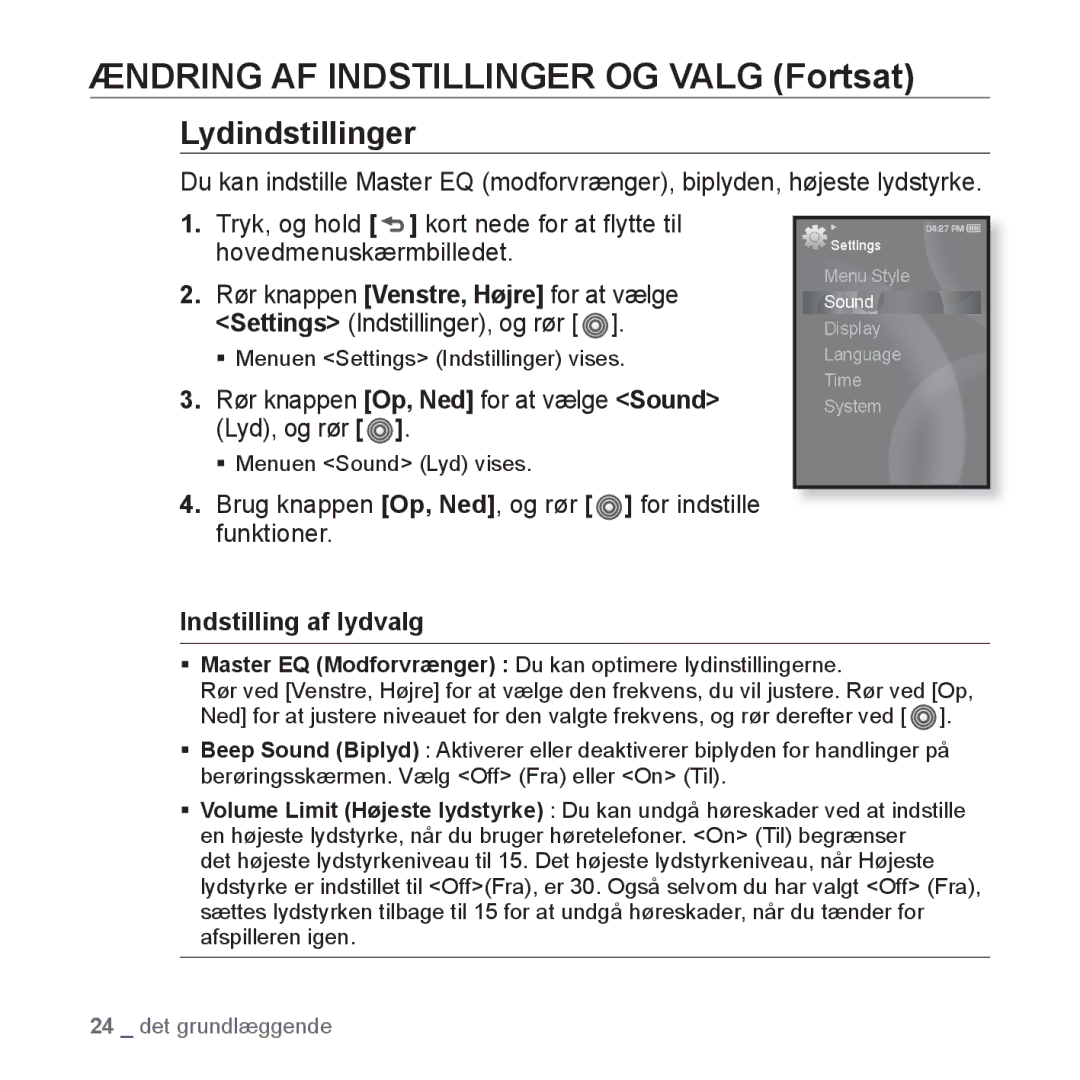 Samsung YP-S3JAB/XEE, YP-S3JQB/EDC manual Ændring AF Indstillinger OG Valg Fortsat, Lydindstillinger, Indstilling af lydvalg 