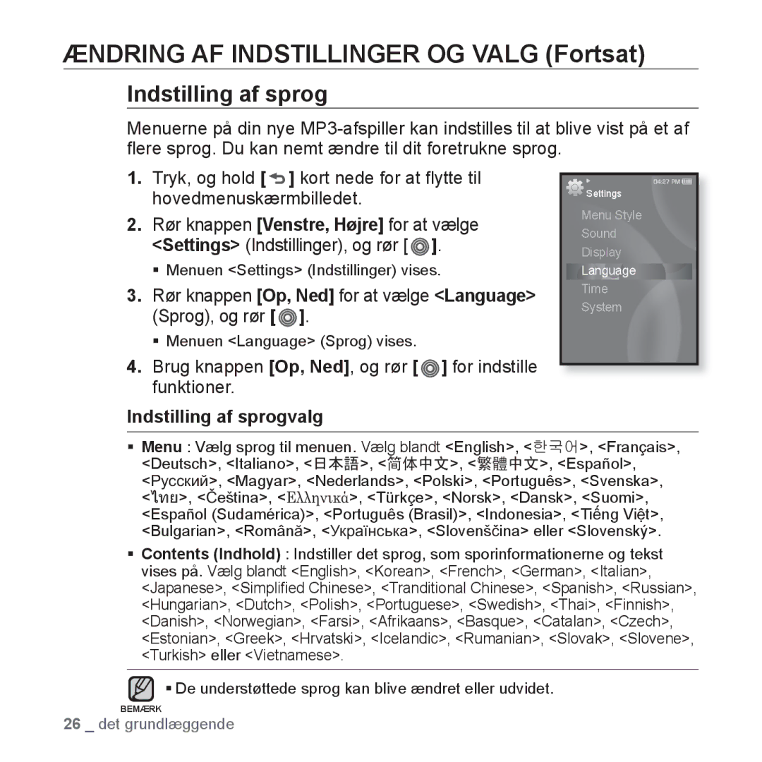 Samsung YP-S3JQB/XEE, YP-S3JQB/EDC manual Indstilling af sprog, Rør knappen Op, Ned for at vælge Language Sprog, og rør 