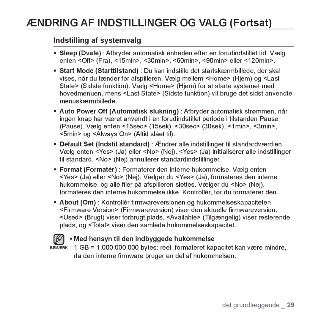 Samsung YP-S3JQR/XEE, YP-S3JQB/EDC, YP-S3JAB/EDC manual Indstilling af systemvalg, ƒ Med hensyn til den indbyggede hukommelse 