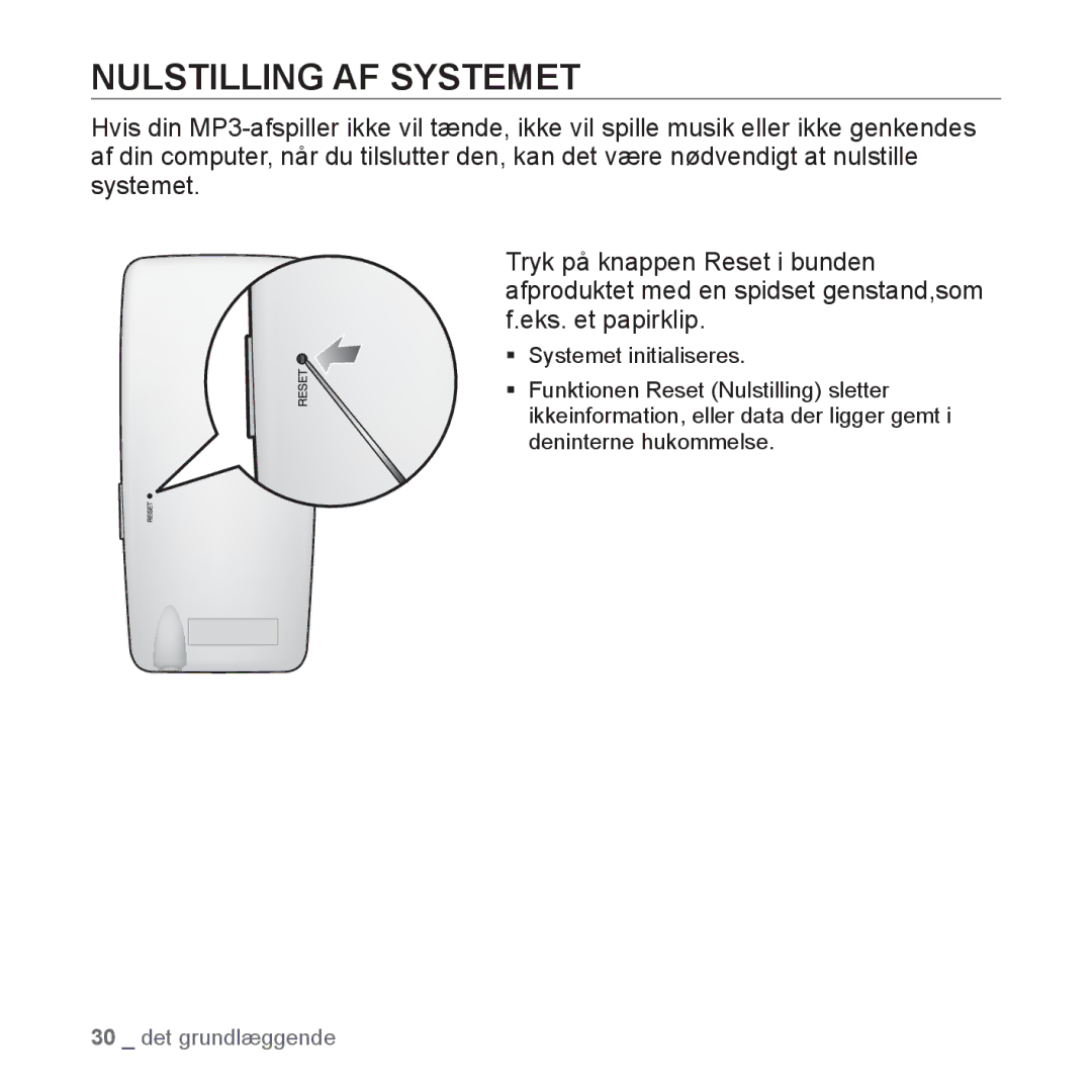 Samsung YP-S3JQB/EDC, YP-S3JAB/EDC, YP-S3JQW/XEE, YP-S3JAR/XEE, YP-S3JAB/XEE, YP-S3JAW/XEE manual Nulstilling AF Systemet 