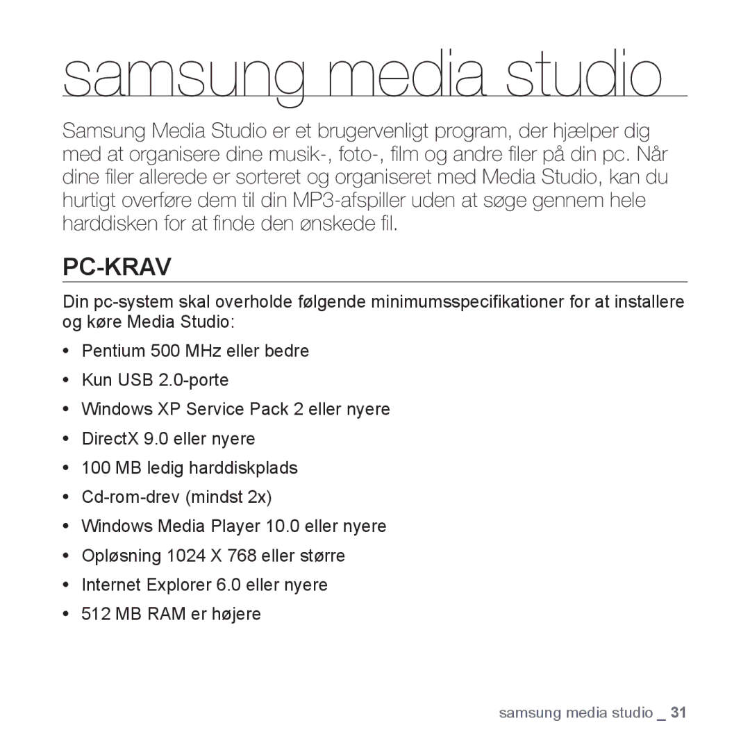 Samsung YP-S3JAB/EDC, YP-S3JQB/EDC, YP-S3JQW/XEE, YP-S3JAR/XEE, YP-S3JAB/XEE, YP-S3JAW/XEE manual Samsung media studio, Pc-Krav 