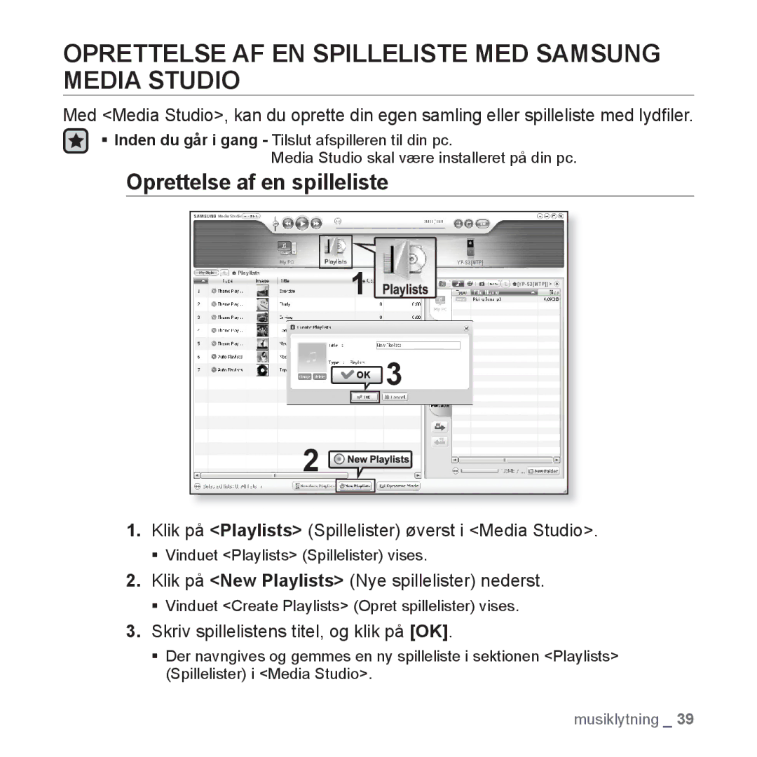 Samsung YP-S3JQR/XEE, YP-S3JQB/EDC Oprettelse AF EN Spilleliste MED Samsung Media Studio, Oprettelse af en spilleliste 