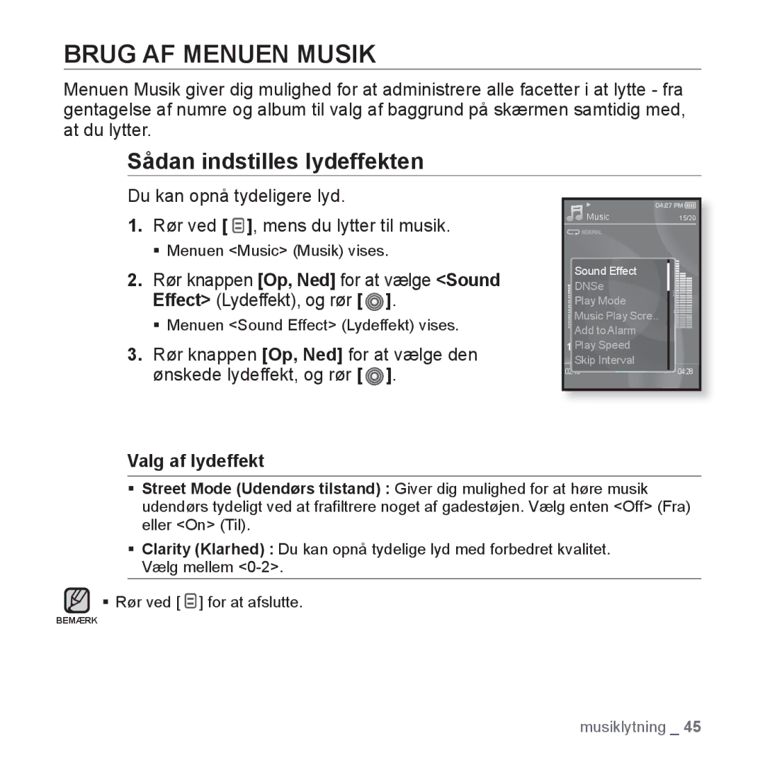 Samsung YP-S3JAW/XEE, YP-S3JQB/EDC, YP-S3JAB/EDC manual Brug AF Menuen Musik, Sådan indstilles lydeffekten, Valg af lydeffekt 