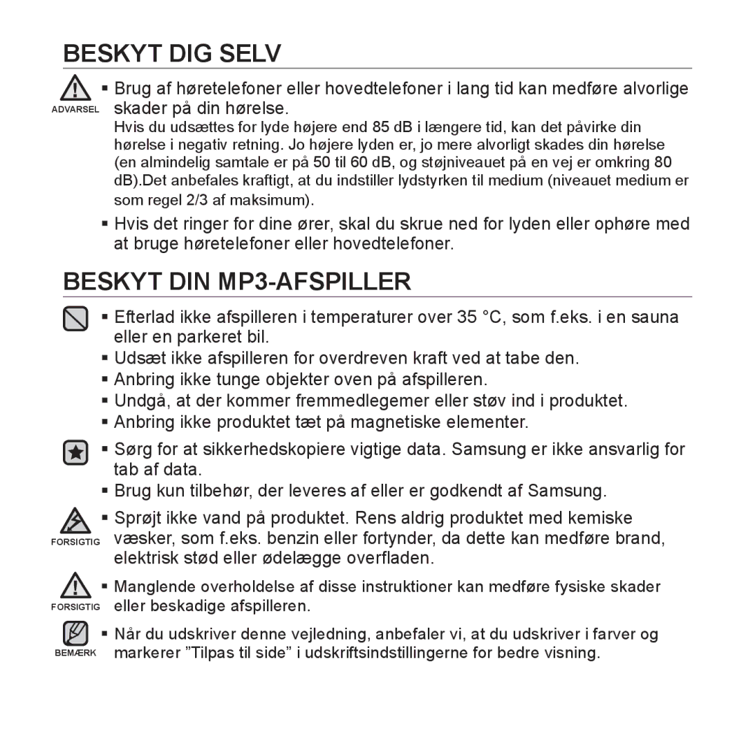 Samsung YP-S3JAW/XEE, YP-S3JQB/EDC, YP-S3JAB/EDC, YP-S3JQW/XEE, YP-S3JAR/XEE, YP-S3JAB/XEE manual Beskyt DIN MP3-AFSPILLER 