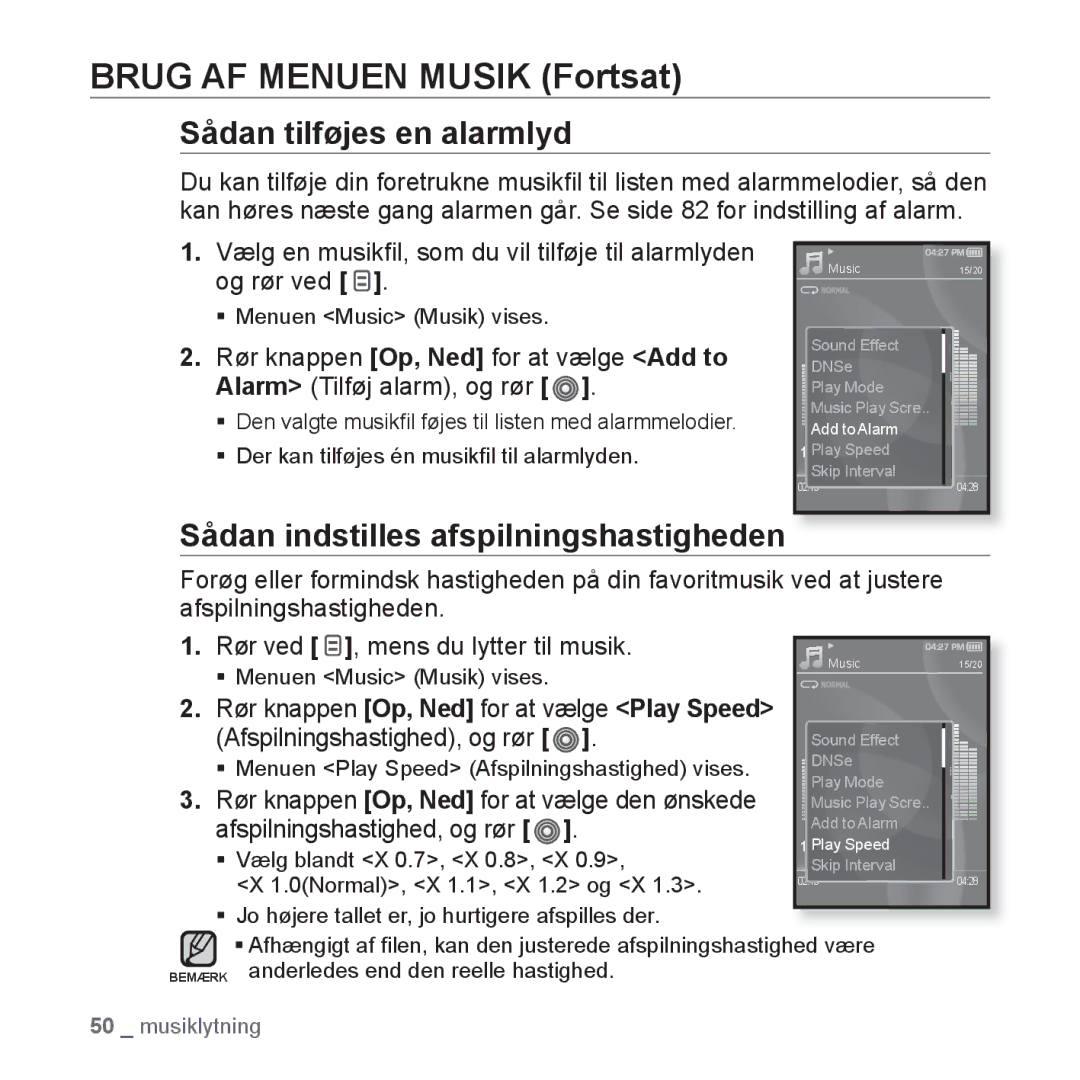 Samsung YP-S3JQB/EDC Sådan tilføjes en alarmlyd, Sådan indstilles afspilningshastigheden, Afspilningshastighed, og rør 