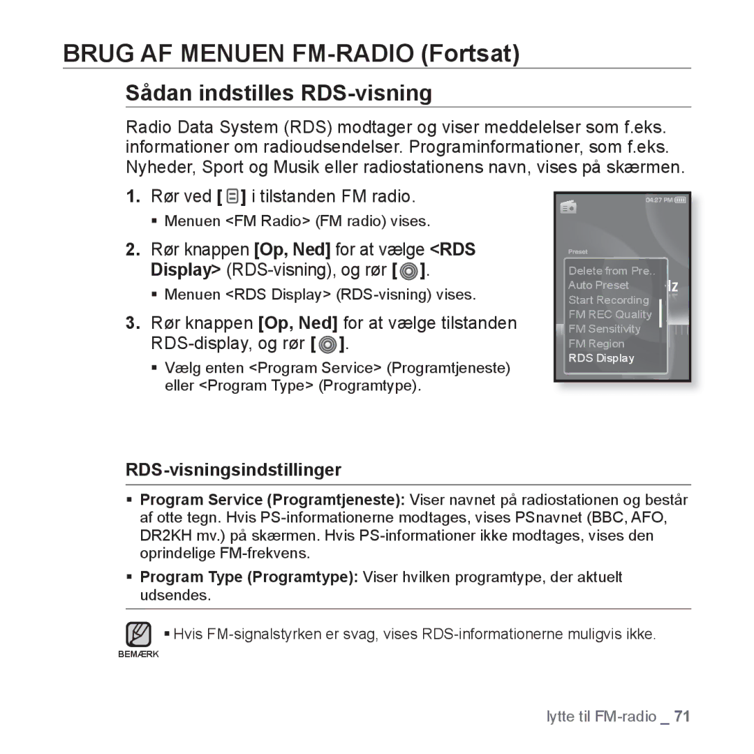 Samsung YP-S3JAB/EDC, YP-S3JQB/EDC, YP-S3JQW/XEE, YP-S3JAR/XEE manual Sådan indstilles RDS-visning, RDS-visningsindstillinger 