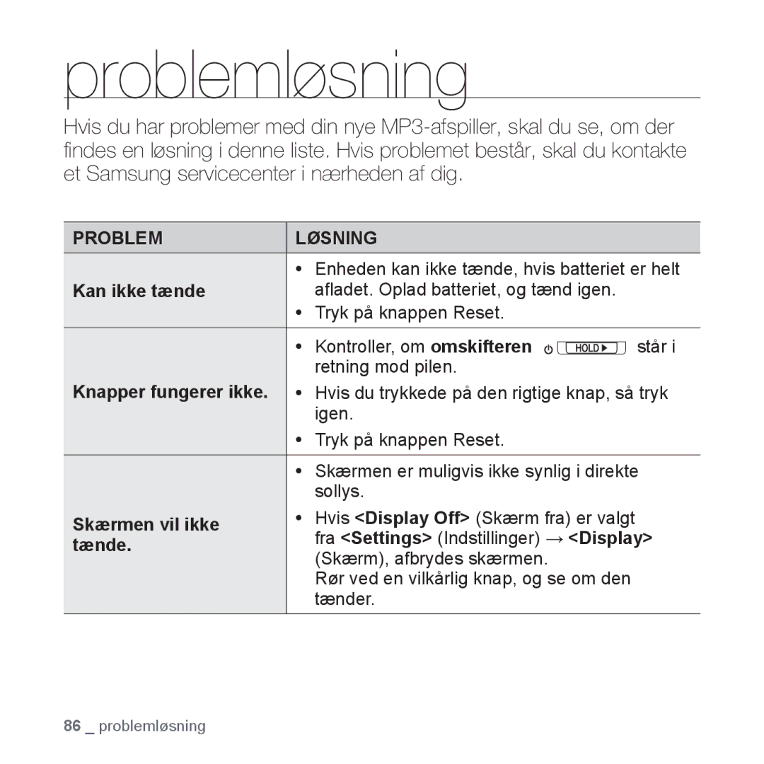 Samsung YP-S3JQB/XEE, YP-S3JQB/EDC, YP-S3JAB/EDC manual Problemløsning, Kan ikke tænde, Skærmen vil ikke, Display, Tænde 