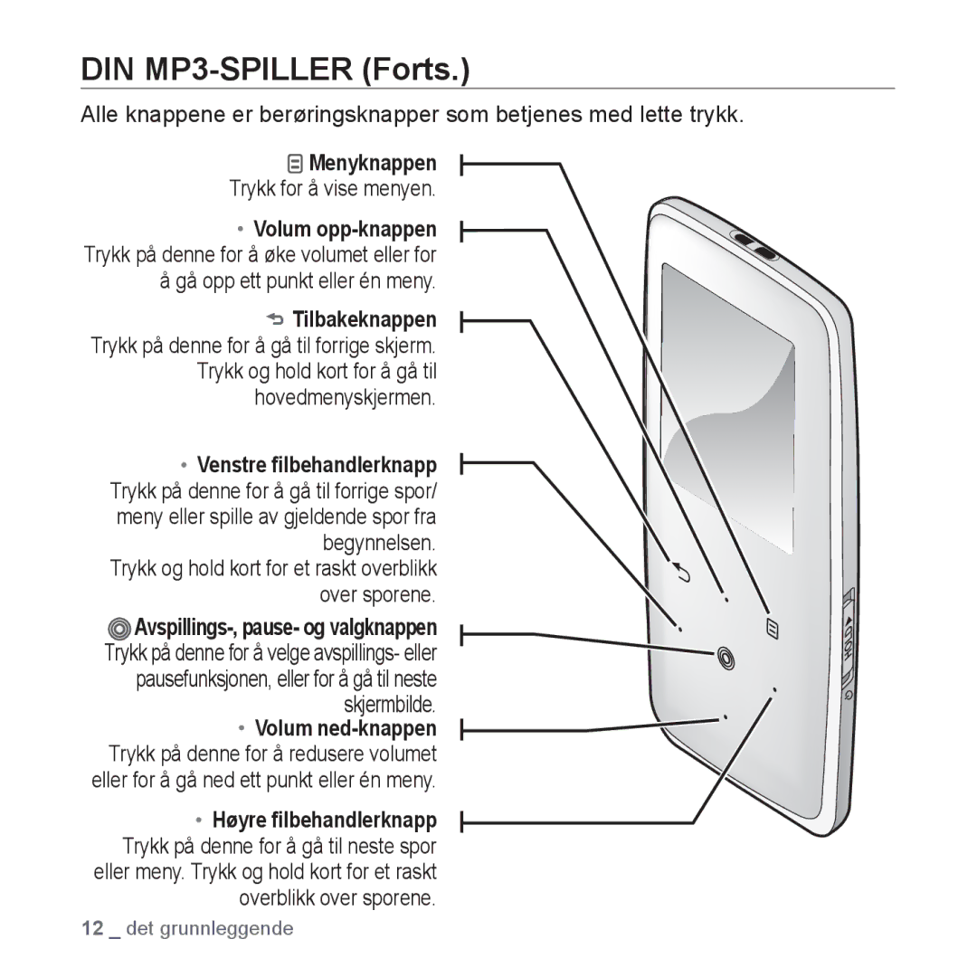 Samsung YP-S3JQW/XEE, YP-S3JQB/EDC, YP-S3JAB/EDC, YP-S3JAR/XEE DIN MP3-SPILLER Forts, Menyknappen, Trykk for å vise menyen 