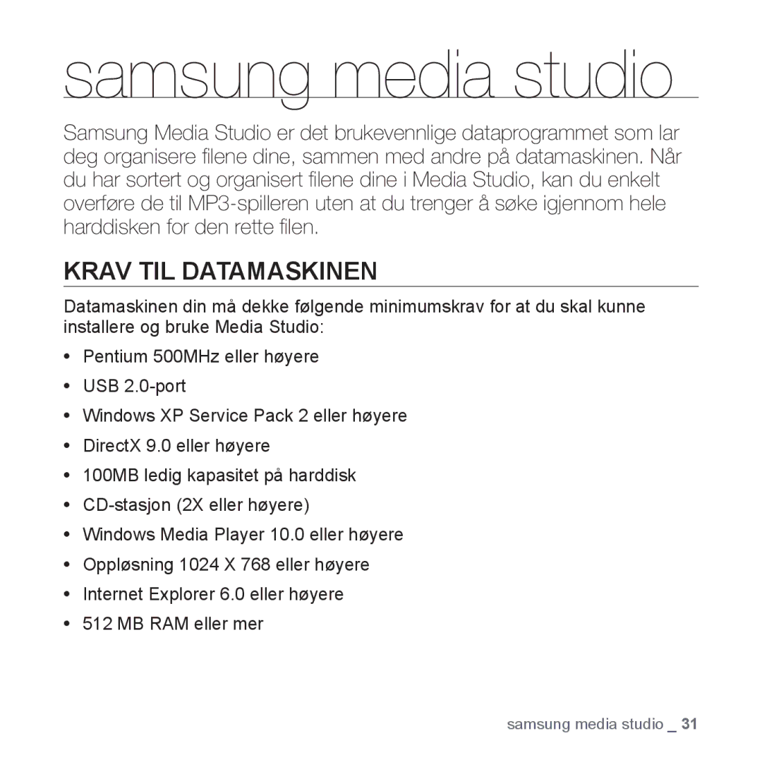 Samsung YP-S3JAB/EDC, YP-S3JQB/EDC, YP-S3JQW/XEE, YP-S3JAR/XEE, YP-S3JAB/XEE manual Samsung media studio, Krav TIL Datamaskinen 